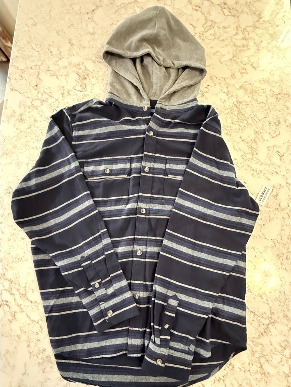 Old Navy men's XL blue and grey striped hooded flannel shirt
